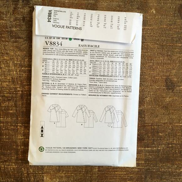 Vogue Sewing Pattern V8834 Womens Oversize Collar Shirt Asymetrical 10-18 UNCUT - Picture 2 of 2